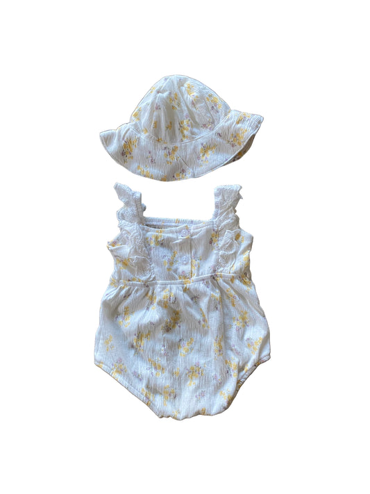 Nicole Miller | White and Yellow Bubble Romper with Sun Hat | 0-3