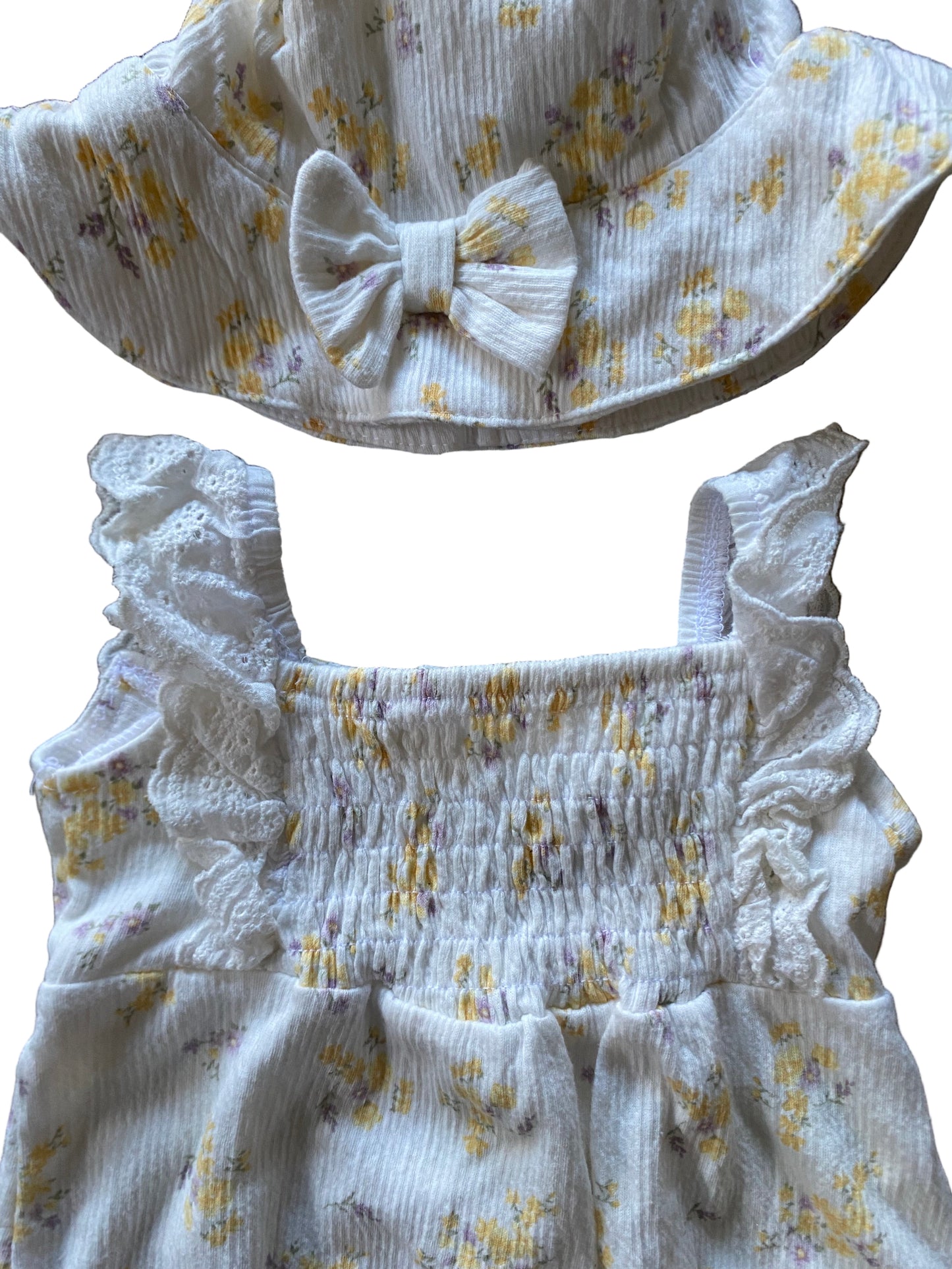Nicole Miller | White and Yellow Bubble Romper with Sun Hat | 0-3