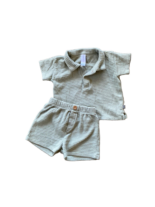 Modern Moments | Green Waffle Knit Polo Set with Shorts | 12-18