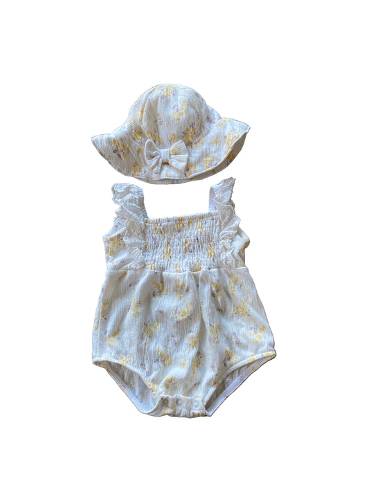 Nicole Miller | White and Yellow Bubble Romper with Sun Hat | 0-3